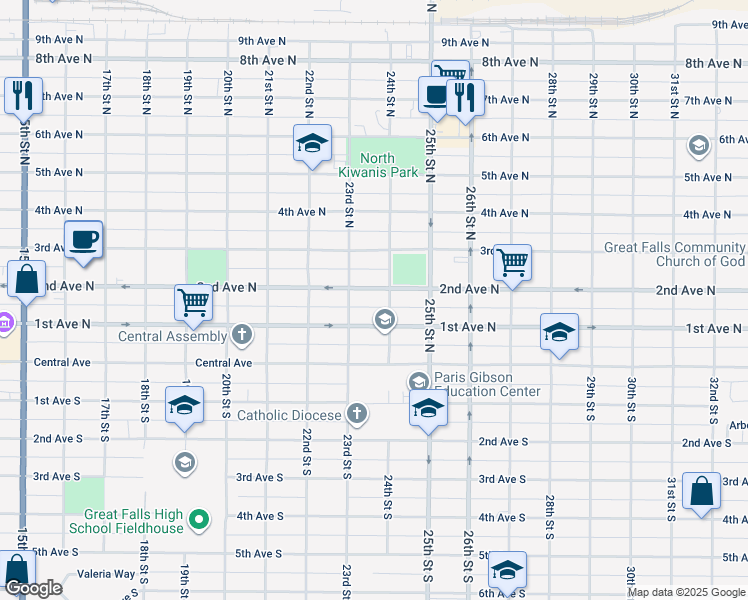 map of restaurants, bars, coffee shops, grocery stores, and more near 2305 1st Avenue North in Great Falls