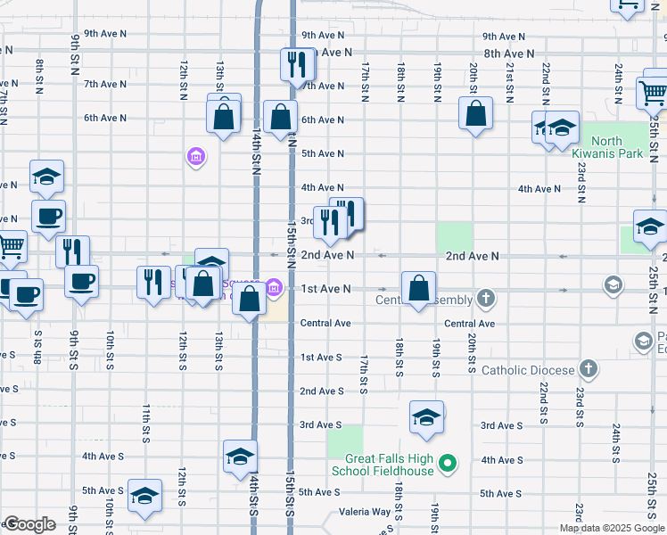 map of restaurants, bars, coffee shops, grocery stores, and more near 1615 1st Avenue North in Great Falls