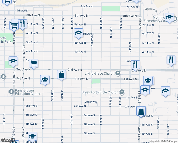 map of restaurants, bars, coffee shops, grocery stores, and more near 3227 1st Avenue North in Great Falls