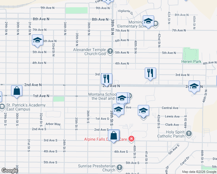 map of restaurants, bars, coffee shops, grocery stores, and more near 199 38th Street North in Great Falls