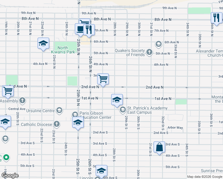 map of restaurants, bars, coffee shops, grocery stores, and more near 2721 1st Avenue North in Great Falls