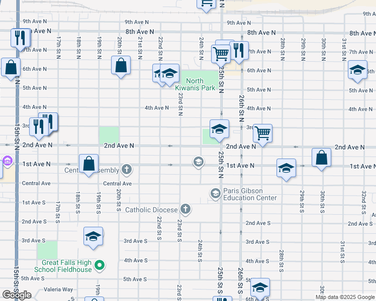 map of restaurants, bars, coffee shops, grocery stores, and more near 2305 1st Avenue North in Great Falls