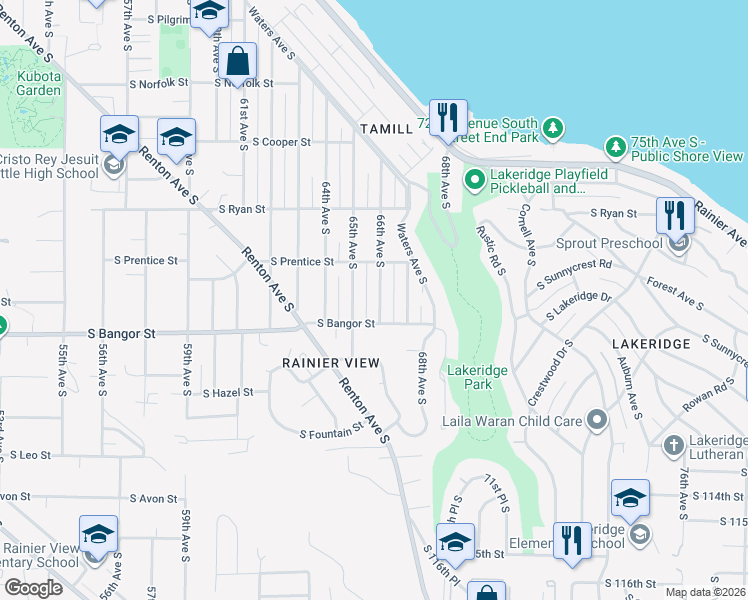 map of restaurants, bars, coffee shops, grocery stores, and more near 6520 South Bangor Street in Seattle