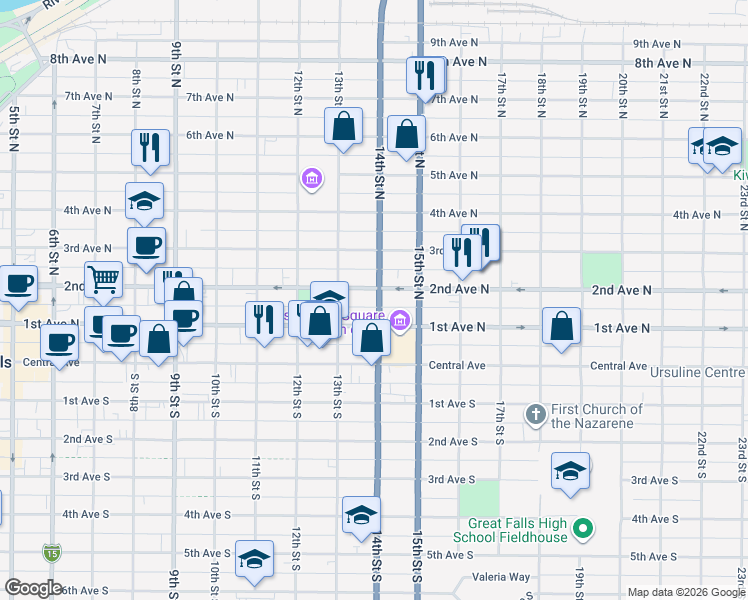 map of restaurants, bars, coffee shops, grocery stores, and more near in Great Falls