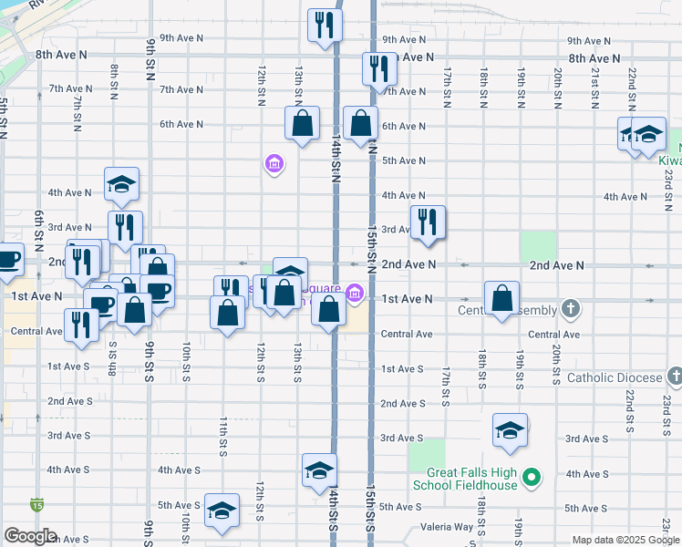 map of restaurants, bars, coffee shops, grocery stores, and more near in Great Falls