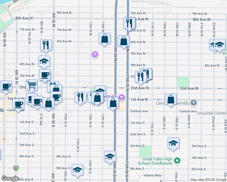 map of restaurants, bars, coffee shops, grocery stores, and more near in Great Falls