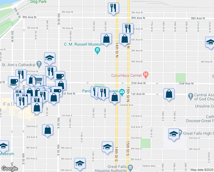 map of restaurants, bars, coffee shops, grocery stores, and more near 1301 1st Avenue North in Great Falls