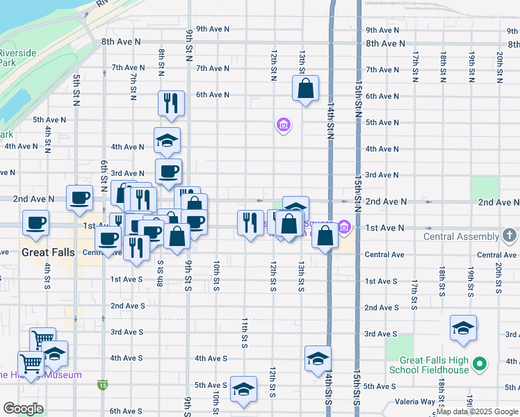 map of restaurants, bars, coffee shops, grocery stores, and more near 1109 1st Avenue North in Great Falls