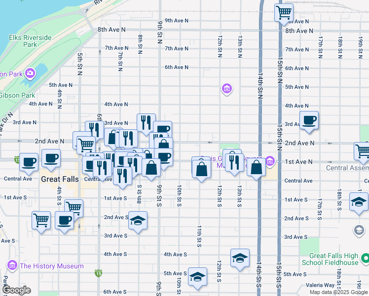 map of restaurants, bars, coffee shops, grocery stores, and more near 1015 1st Ave N in Great Falls