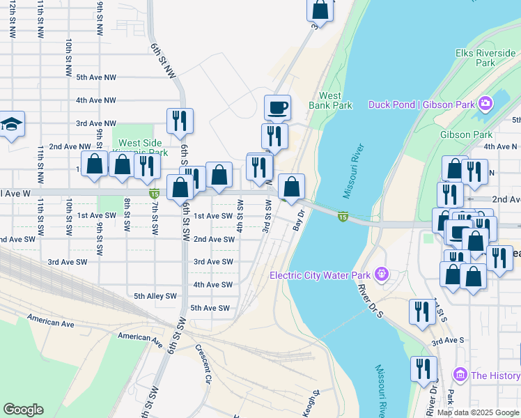 map of restaurants, bars, coffee shops, grocery stores, and more near 221 2nd Avenue South in Great Falls