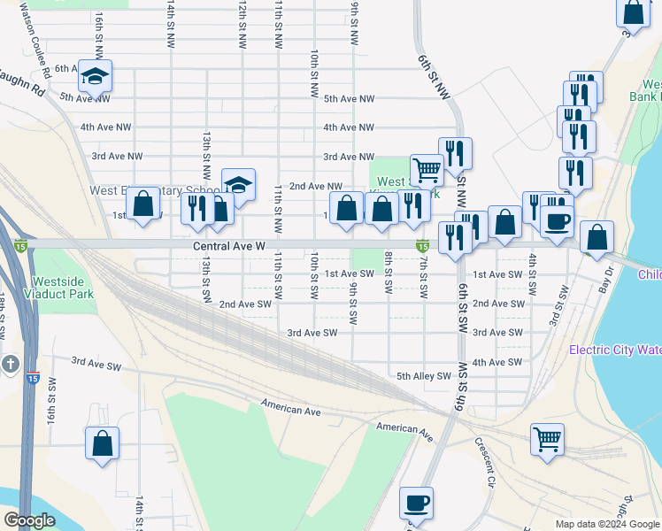 map of restaurants, bars, coffee shops, grocery stores, and more near 926 1st Avenue Southwest in Great Falls