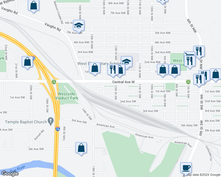 map of restaurants, bars, coffee shops, grocery stores, and more near 1302 1st Avenue South in Great Falls