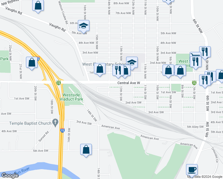 map of restaurants, bars, coffee shops, grocery stores, and more near 1321 2nd Avenue Southwest in Great Falls