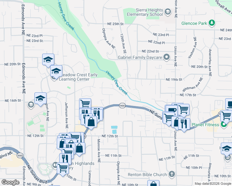 map of restaurants, bars, coffee shops, grocery stores, and more near 3412 Northeast Sunset Boulevard in Renton