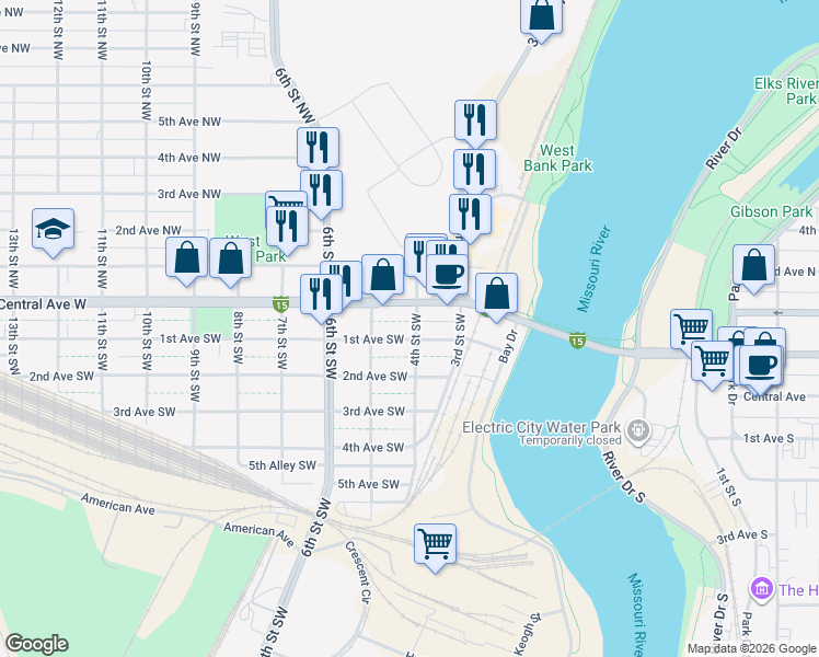map of restaurants, bars, coffee shops, grocery stores, and more near 320 1st Avenue Southwest in Great Falls