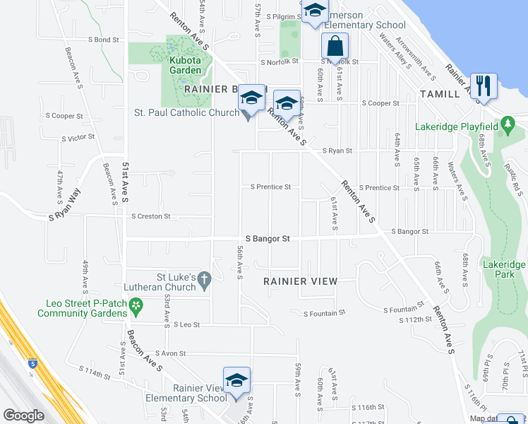 map of restaurants, bars, coffee shops, grocery stores, and more near 10435 57th Avenue South in Seattle