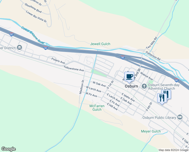 map of restaurants, bars, coffee shops, grocery stores, and more near 152 West Oak in Osburn