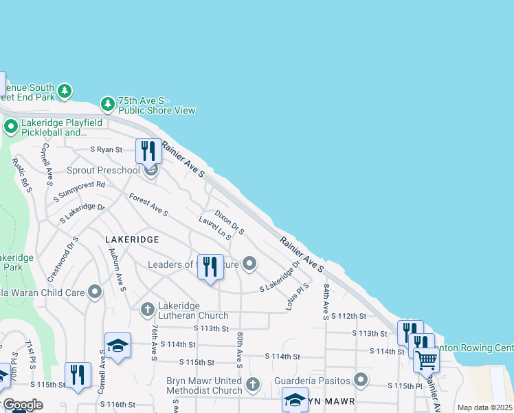 map of restaurants, bars, coffee shops, grocery stores, and more near 10805 Rainier Avenue South in Seattle