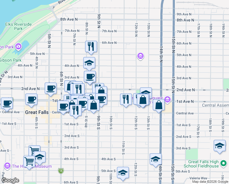 map of restaurants, bars, coffee shops, grocery stores, and more near 1015 1st Ave N in Great Falls