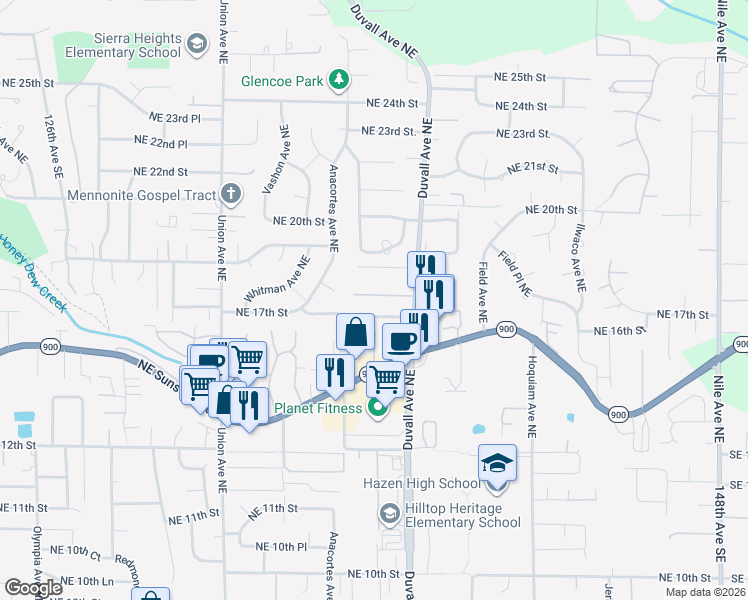 map of restaurants, bars, coffee shops, grocery stores, and more near 4519 Northeast 18th Circle in Renton