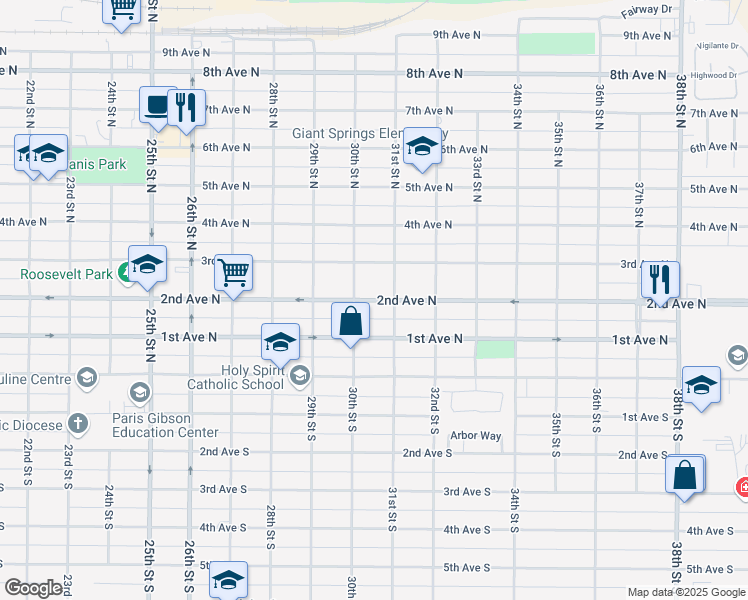 map of restaurants, bars, coffee shops, grocery stores, and more near 2nd Avenue North in Great Falls