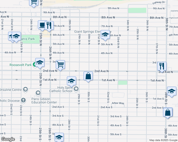 map of restaurants, bars, coffee shops, grocery stores, and more near 2nd Avenue North in Great Falls