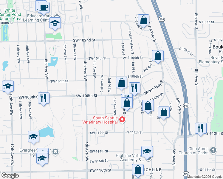 map of restaurants, bars, coffee shops, grocery stores, and more near 10618 2nd Place Southwest in Seattle