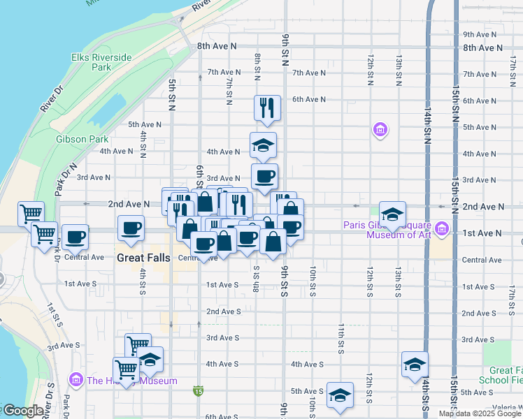 map of restaurants, bars, coffee shops, grocery stores, and more near 202 8th Street South in Great Falls
