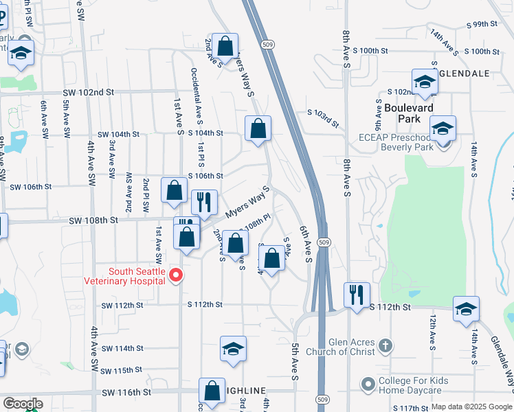 map of restaurants, bars, coffee shops, grocery stores, and more near 235 South 107th Street in Seattle