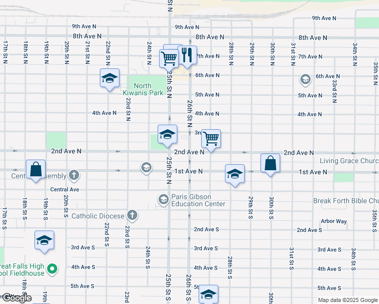 map of restaurants, bars, coffee shops, grocery stores, and more near 198 26th Street North in Great Falls