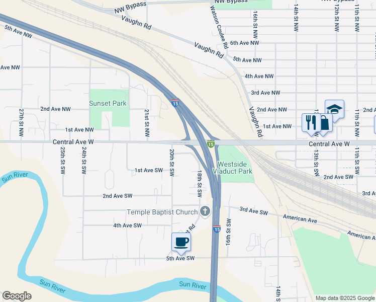 map of restaurants, bars, coffee shops, grocery stores, and more near Veterans Memorial Highway in Great Falls