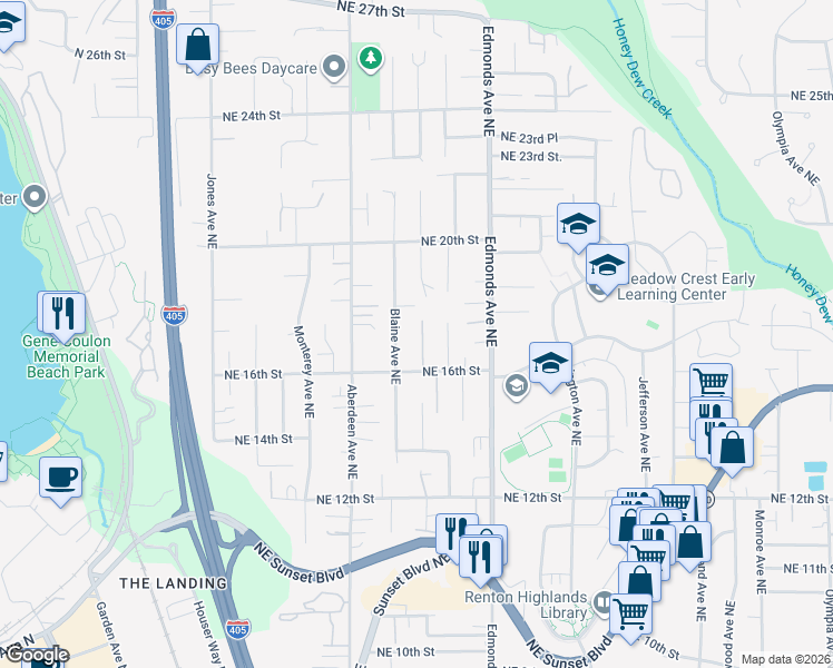 map of restaurants, bars, coffee shops, grocery stores, and more near 2399 Northeast 18th Street in Renton