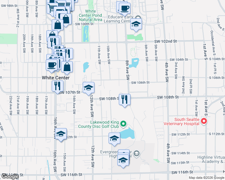 map of restaurants, bars, coffee shops, grocery stores, and more near 1005 Southwest 106th Street in Seattle