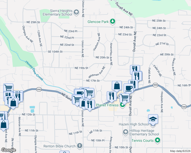 map of restaurants, bars, coffee shops, grocery stores, and more near 4205 Northeast 19th Street in Renton