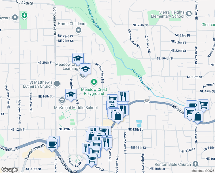 map of restaurants, bars, coffee shops, grocery stores, and more near 3101 Northeast 18th Street in Renton