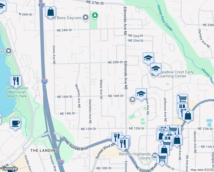 map of restaurants, bars, coffee shops, grocery stores, and more near 2399 Northeast 18th Street in Renton