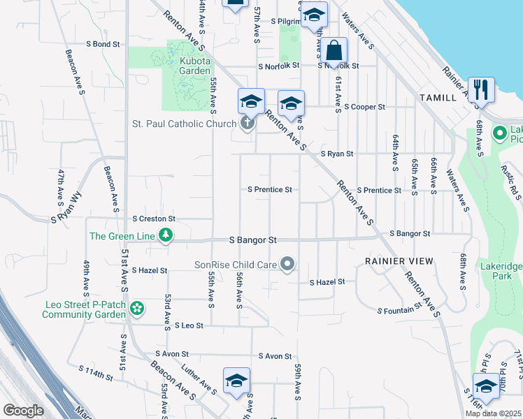 map of restaurants, bars, coffee shops, grocery stores, and more near 5621 South Prentice Street in Seattle