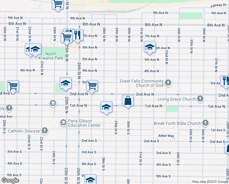 map of restaurants, bars, coffee shops, grocery stores, and more near 2816 3rd Avenue North in Great Falls