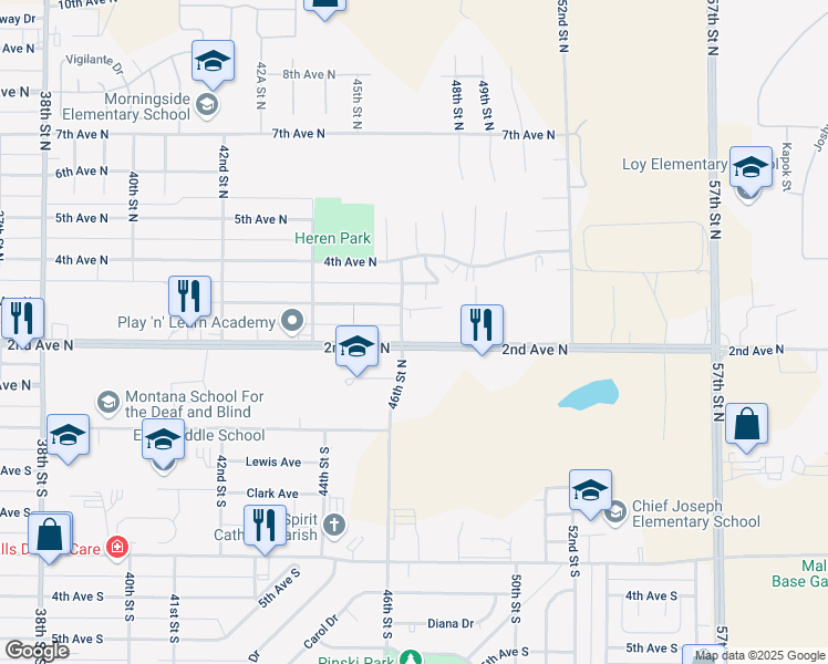 map of restaurants, bars, coffee shops, grocery stores, and more near 4601 2nd Avenue North in Great Falls