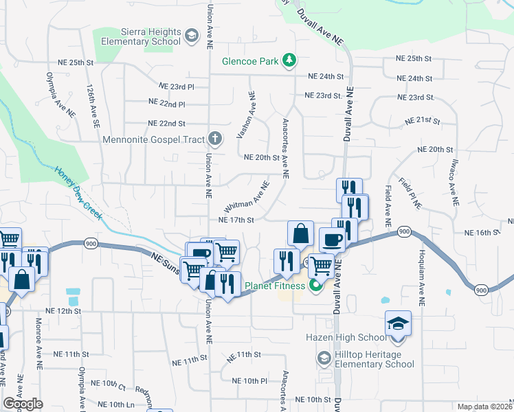 map of restaurants, bars, coffee shops, grocery stores, and more near 1809 Whitman Avenue Northeast in Renton