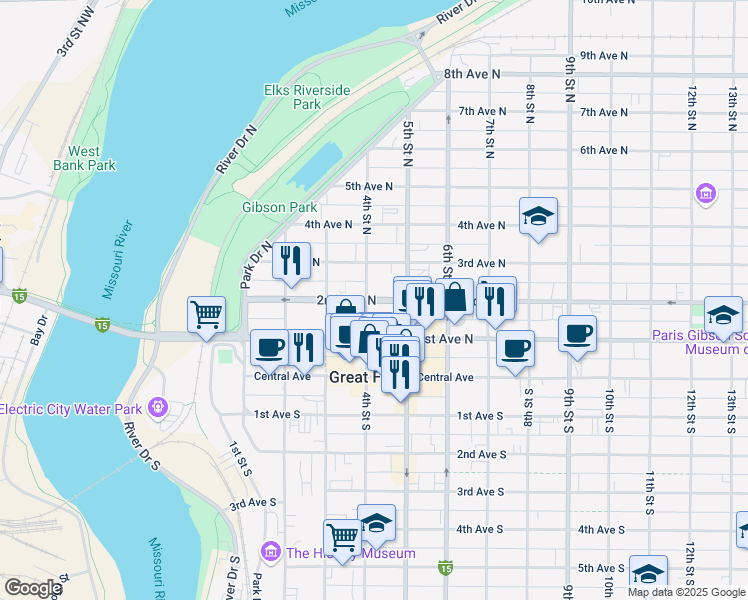 map of restaurants, bars, coffee shops, grocery stores, and more near 415 2nd Avenue North in Great Falls