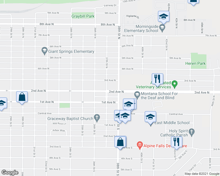 map of restaurants, bars, coffee shops, grocery stores, and more near 3705 2nd Avenue North in Great Falls
