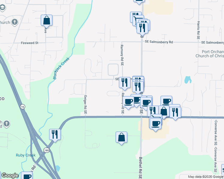 map of restaurants, bars, coffee shops, grocery stores, and more near 1285 Koda Circle Southeast in Port Orchard