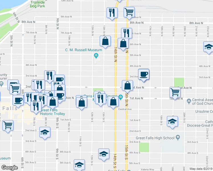 map of restaurants, bars, coffee shops, grocery stores, and more near 211 13th Street North in Great Falls