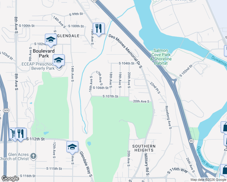 map of restaurants, bars, coffee shops, grocery stores, and more near 1716 South 106th Street in Seattle