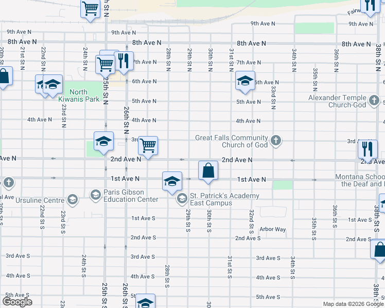 map of restaurants, bars, coffee shops, grocery stores, and more near 2908 3rd Avenue North in Great Falls