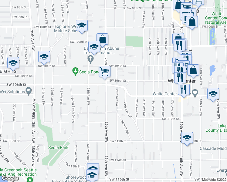 map of restaurants, bars, coffee shops, grocery stores, and more near 10704 26th Avenue Southwest in Seattle