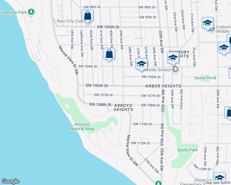 map of restaurants, bars, coffee shops, grocery stores, and more near 3915 Southwest 106th Street in Seattle