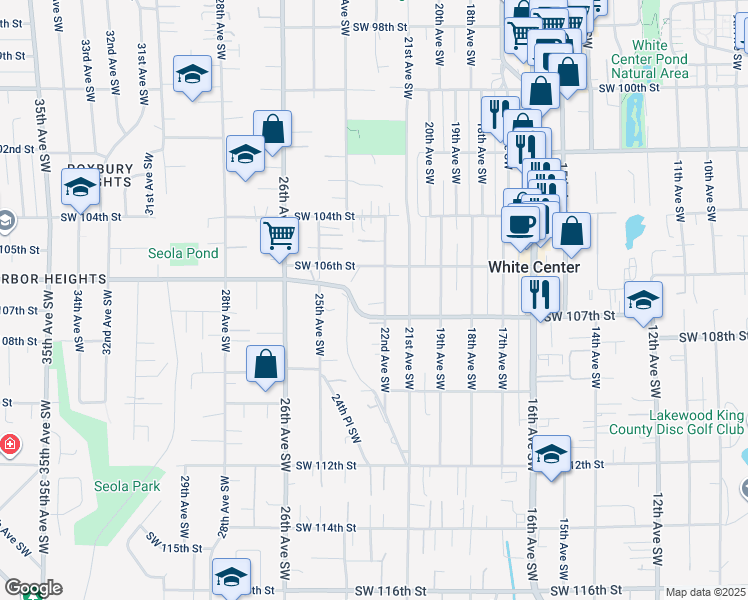 map of restaurants, bars, coffee shops, grocery stores, and more near 10619 22nd Avenue Southwest in Seattle