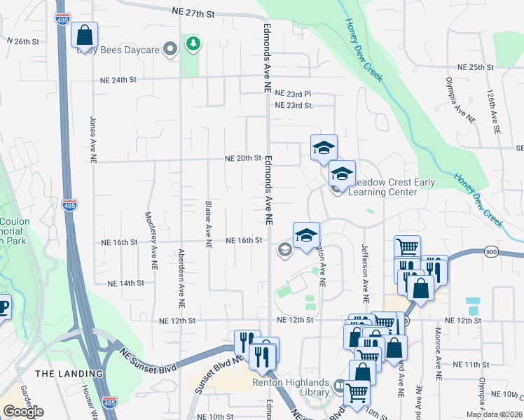 map of restaurants, bars, coffee shops, grocery stores, and more near 2508 Northeast 18th Street in Renton